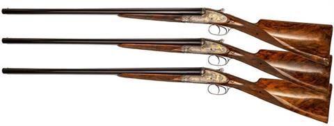 Set of 3 Sidelock S/S Shotguns F.lli Gamba - Gardone „History of Hunting“, 12/70, #63015, #63016, #63017, § D