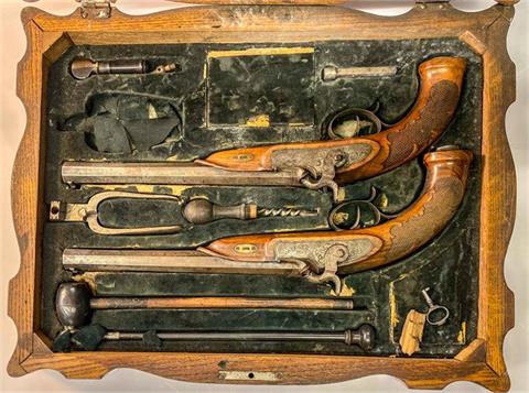 Pair duelling percussion pistols, cased, Siegel - Salzburg, 11 mm, #without, § unrestricted